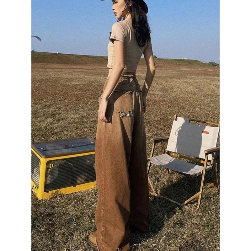 Retro Raw Edge Design Jeans Women's Summer Loose Wide Leg Slim High Waist Straight Leg Mop Pants