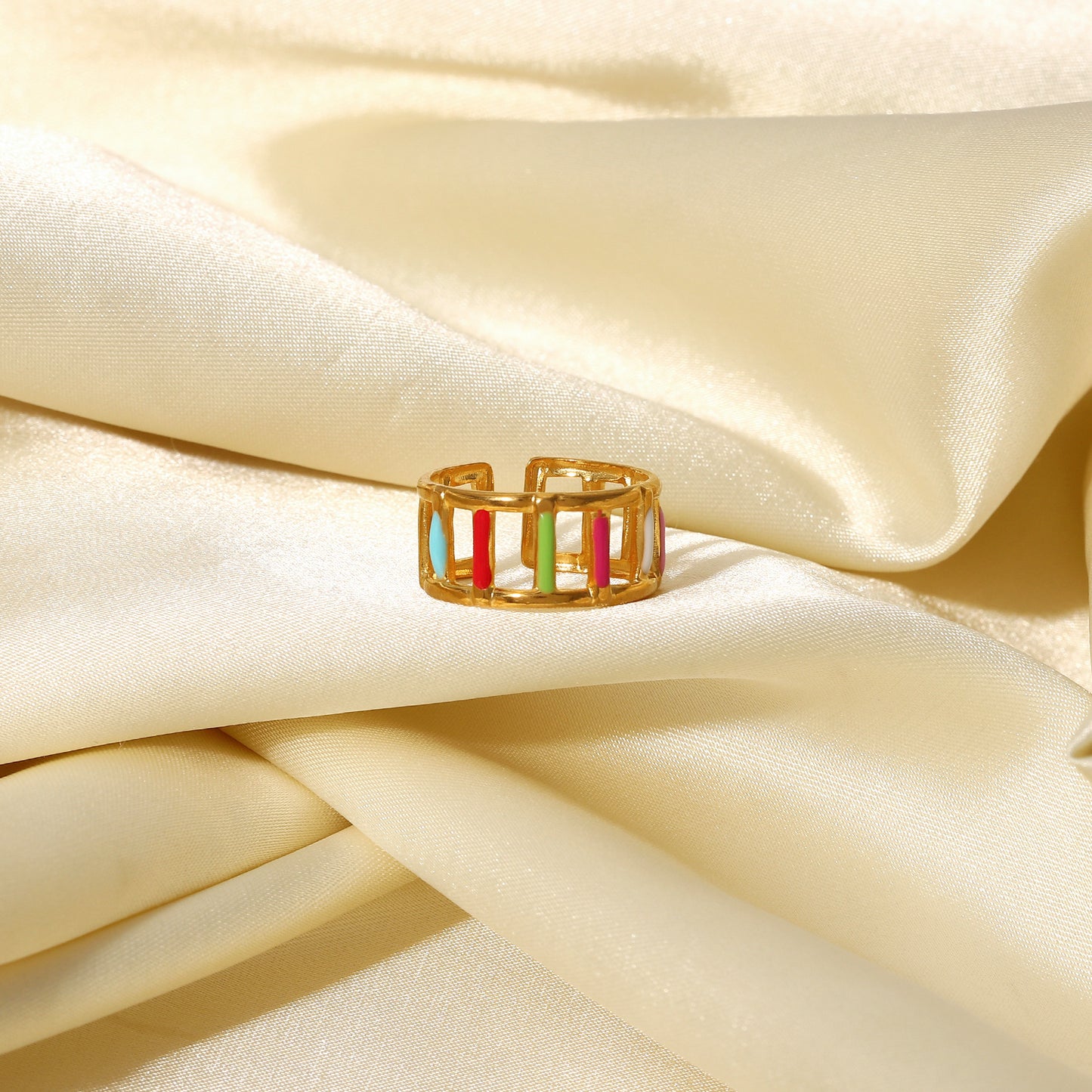 5pcs Fashionable Drip Stainless Steel Ring Party 18K Gold Plated Jewelry Colored Enamel Open Ring For Women