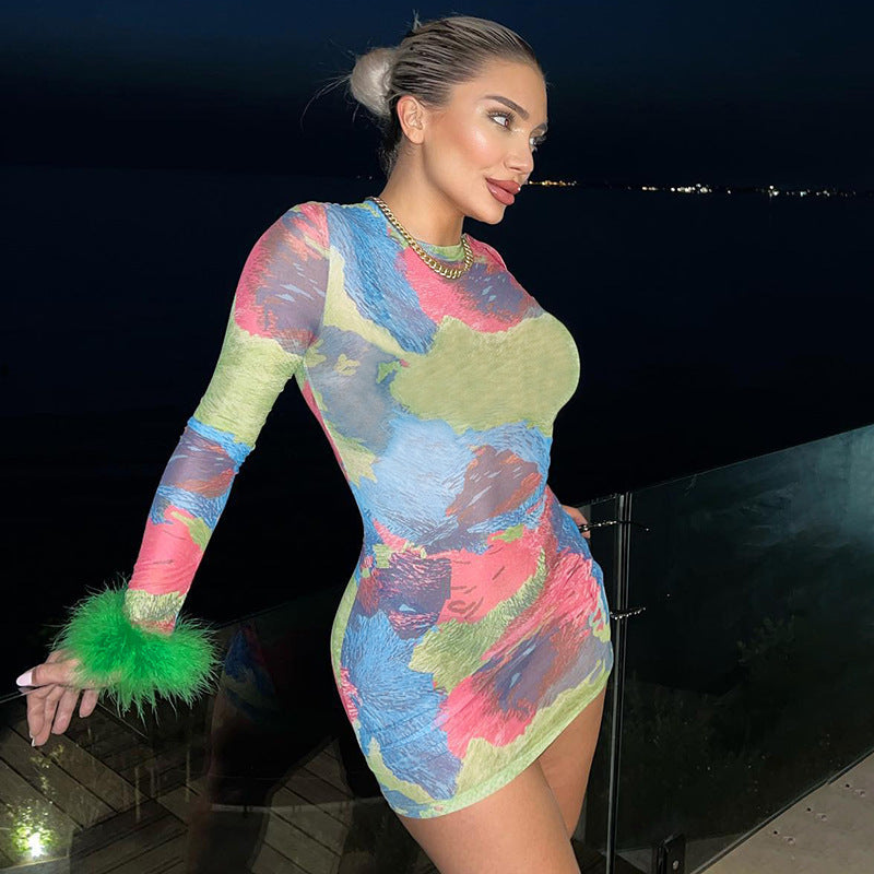 Autumn And Winter New Women's Print Slim Round Neck Long Sleeve Dress Splicing Hairy Skirt High Fanny Pack Bottom Skirt