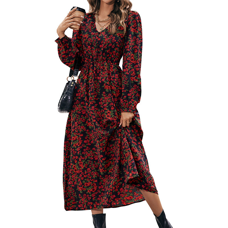 Fashion Autumn Women's Temperament New Luxury Long-Sleeved V-Neck Slim-Fit Printed Dress