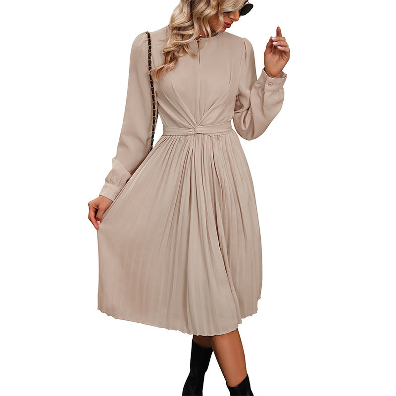 New Women's Solid Color Long-Sleeved Pleated Dress Autumn Women