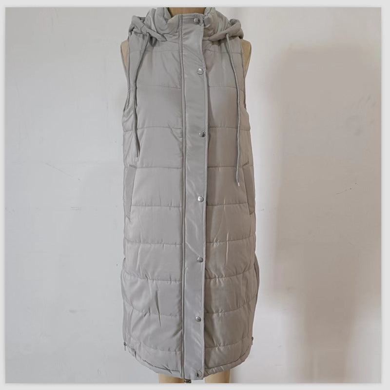 Solid Color Hooded Single Breasted Medium Long Cotton-Padded Vest Slim Temperament Cardigan Coat Top