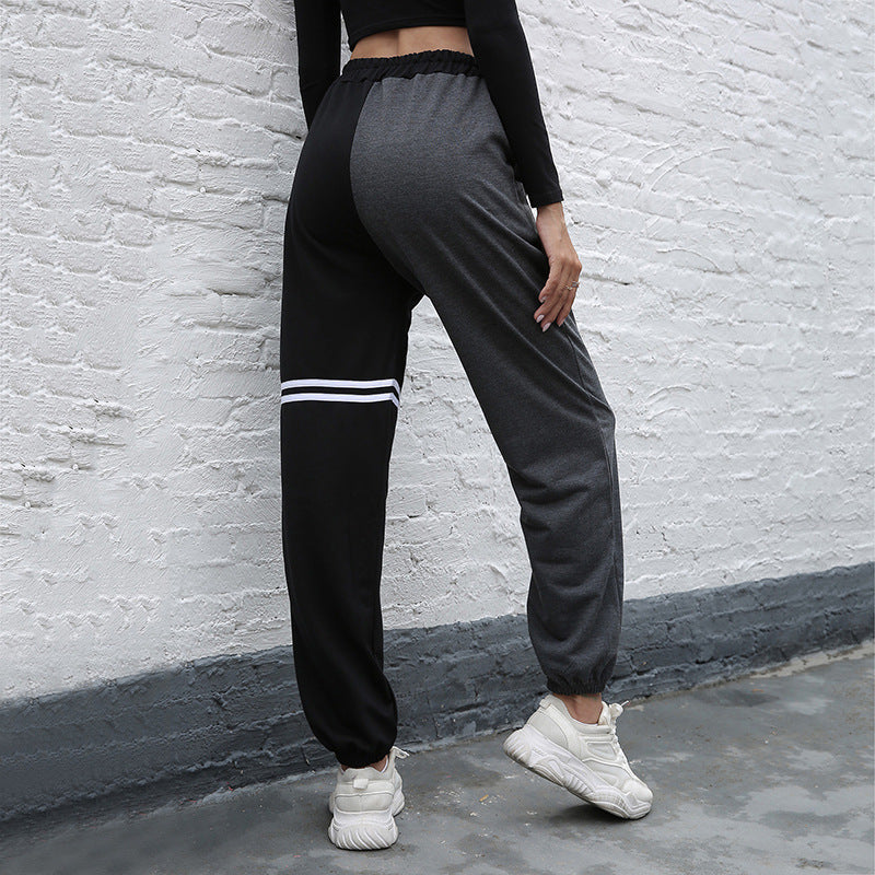 Black Pants Patchwork Color Raise Hip High Waist Straight Leg Sports Pants