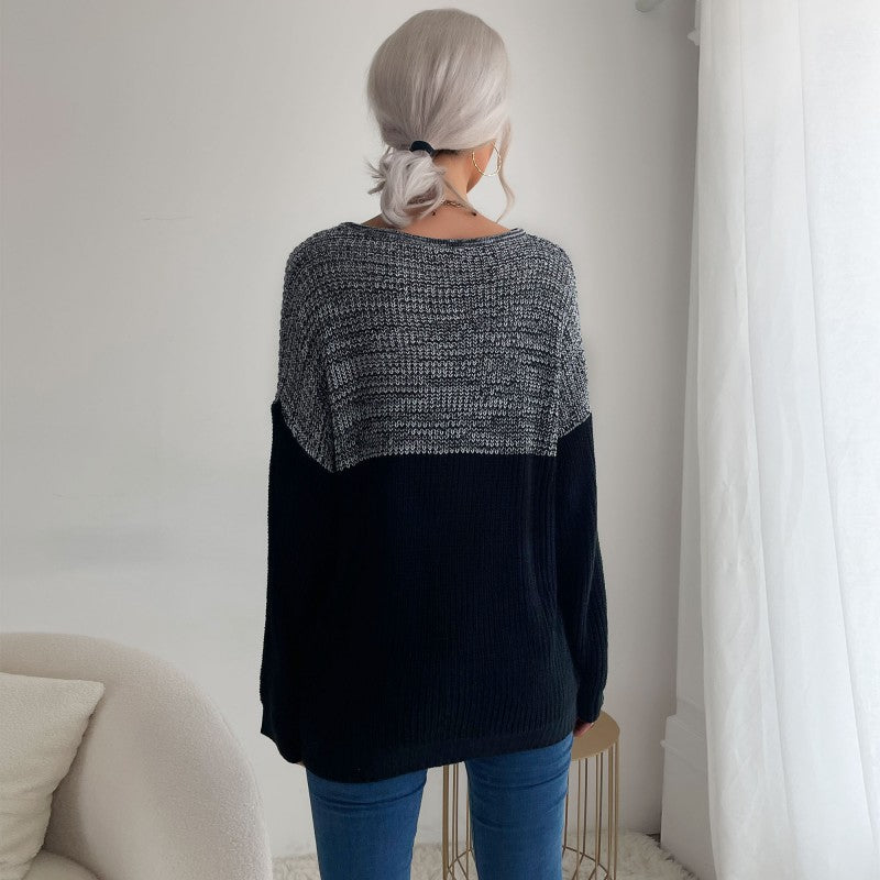Fashion Women's Long Sleeve Color Matching Sweater Slim Autumn Winter Girl