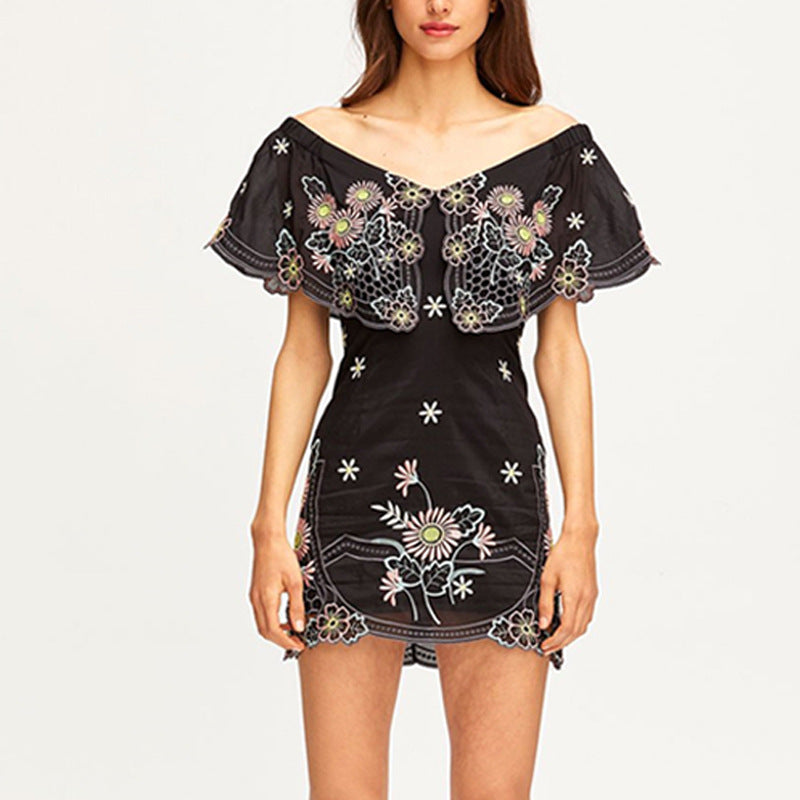 Spring New Line Collar Flower Embroidery Temperament Niche Design Fashion Lady Short Dress Women