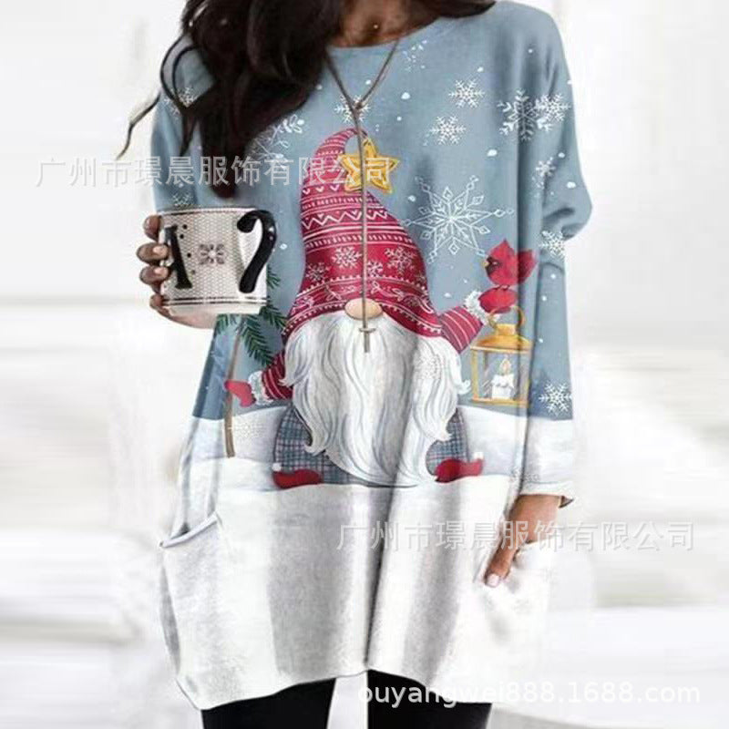 Women's Autumn New Loose Top Christmas Crewneck Printed T-Shirt