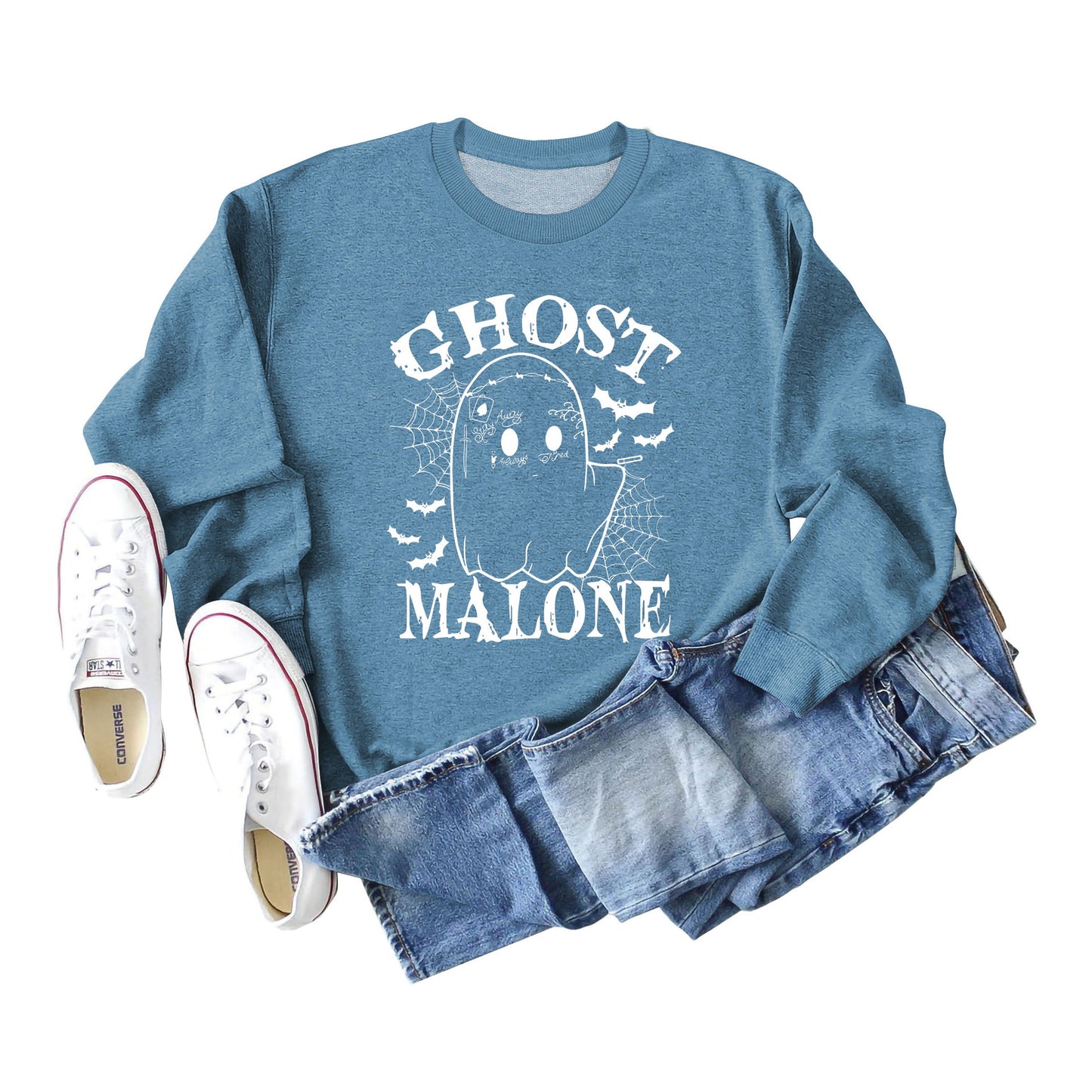 Ghost Malone Letter Round Neck Fashion Bat Round Neck Halloween Long Sleeve Hoodie