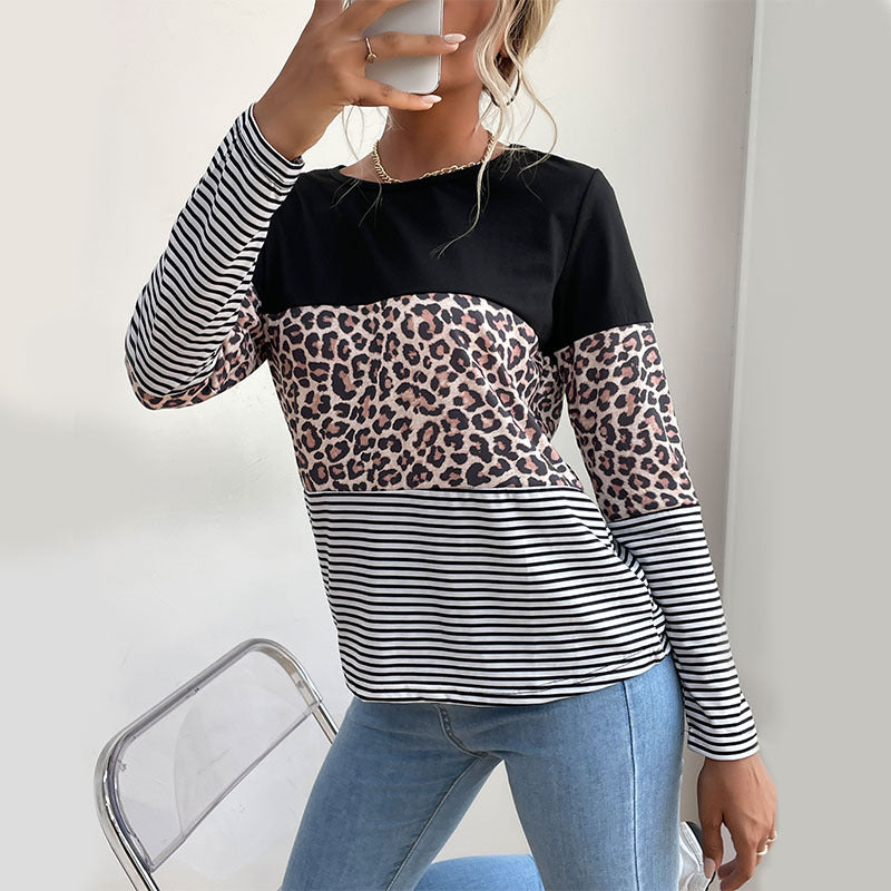 Autumn Contrast Color Leopard Print Round Neck T-Shirt for Women