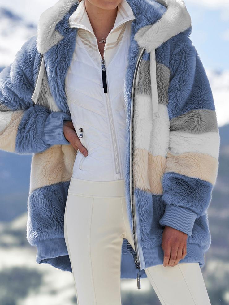 Autumn/Winter Warm Plush Patchwork Zipper Pocket Hooded Loose Coat For Women