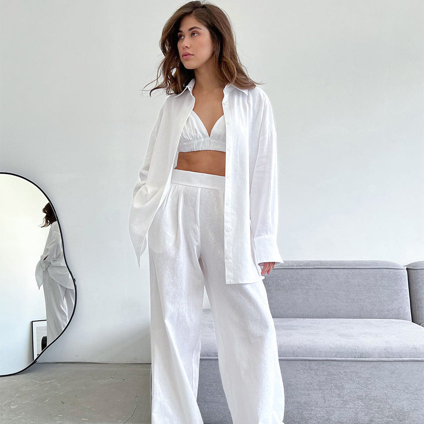 Summer Cotton Linen Women's Shirt Three-Piece Set Of Temperament Vest Straight Pants Design Sense Of Fashion Casual