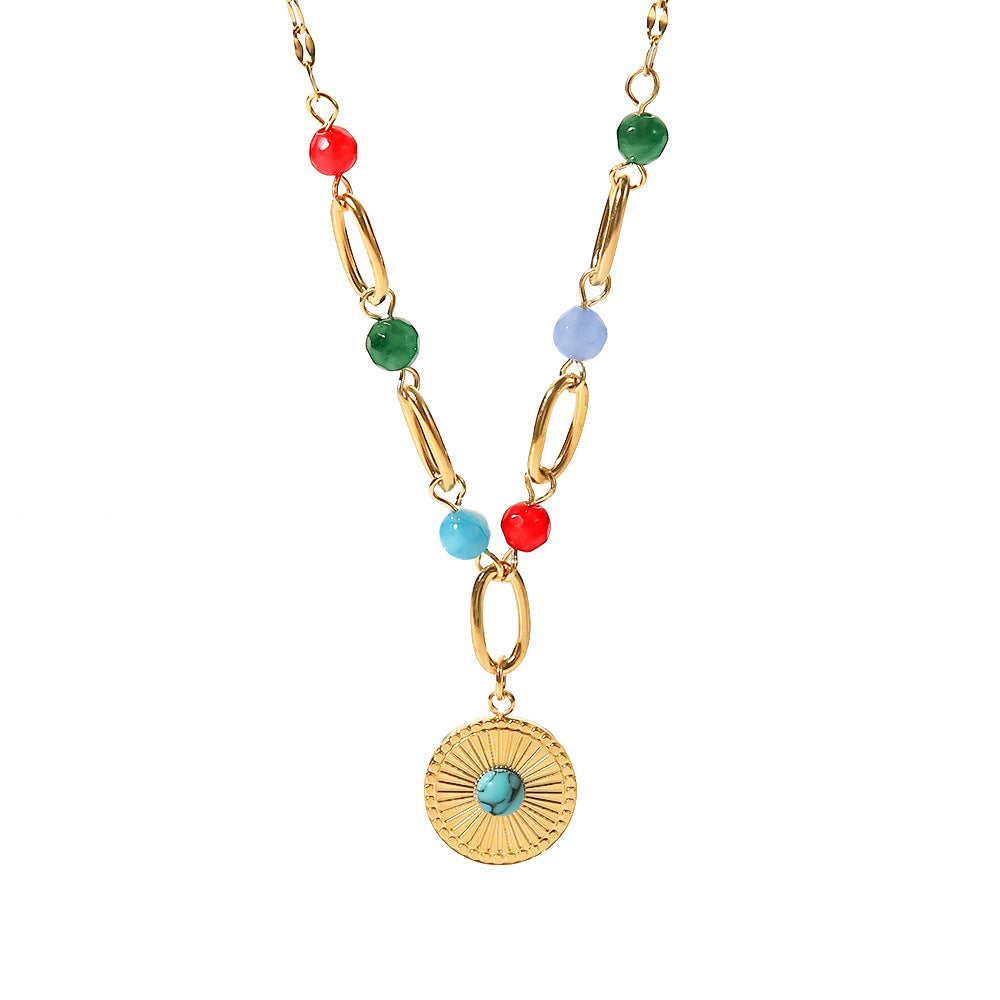 5pcs 18K Gold Stainless Steel Disc Set Turquoise Pendant Necklace Women's Fashion All-Match Titanium Steel Colored Bead Necklace