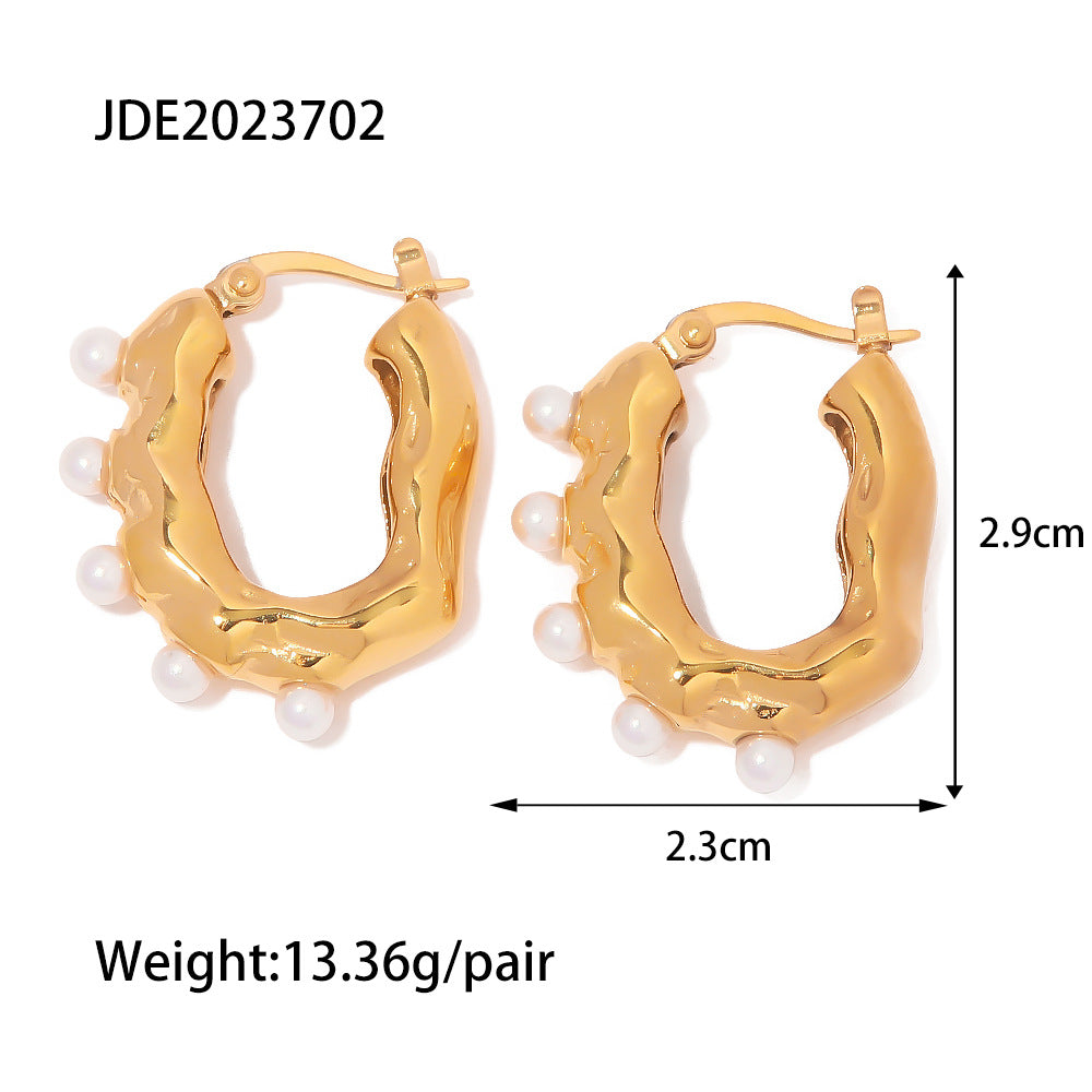 5pcs Jewelry 18K Gold Irregular Wave Texture Sense Frosted Texture Geometric Pearl Earrings