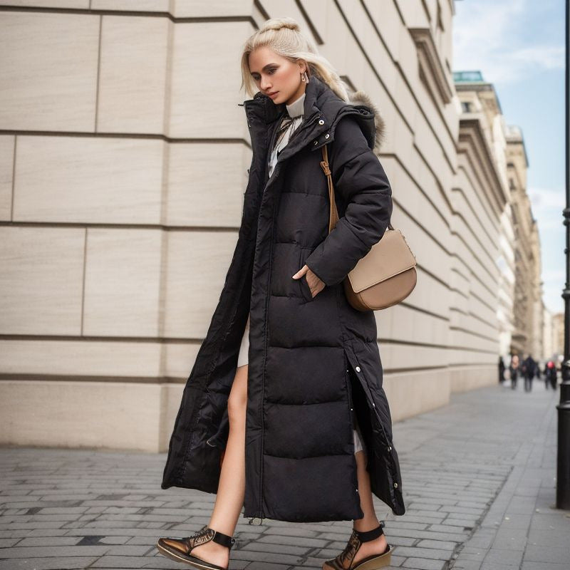 Over The Knee Long Padded Coat Women's Winter New Korean Version Of Fashion Slim-Fit Down Cotton Hooded Thick Padded Coat