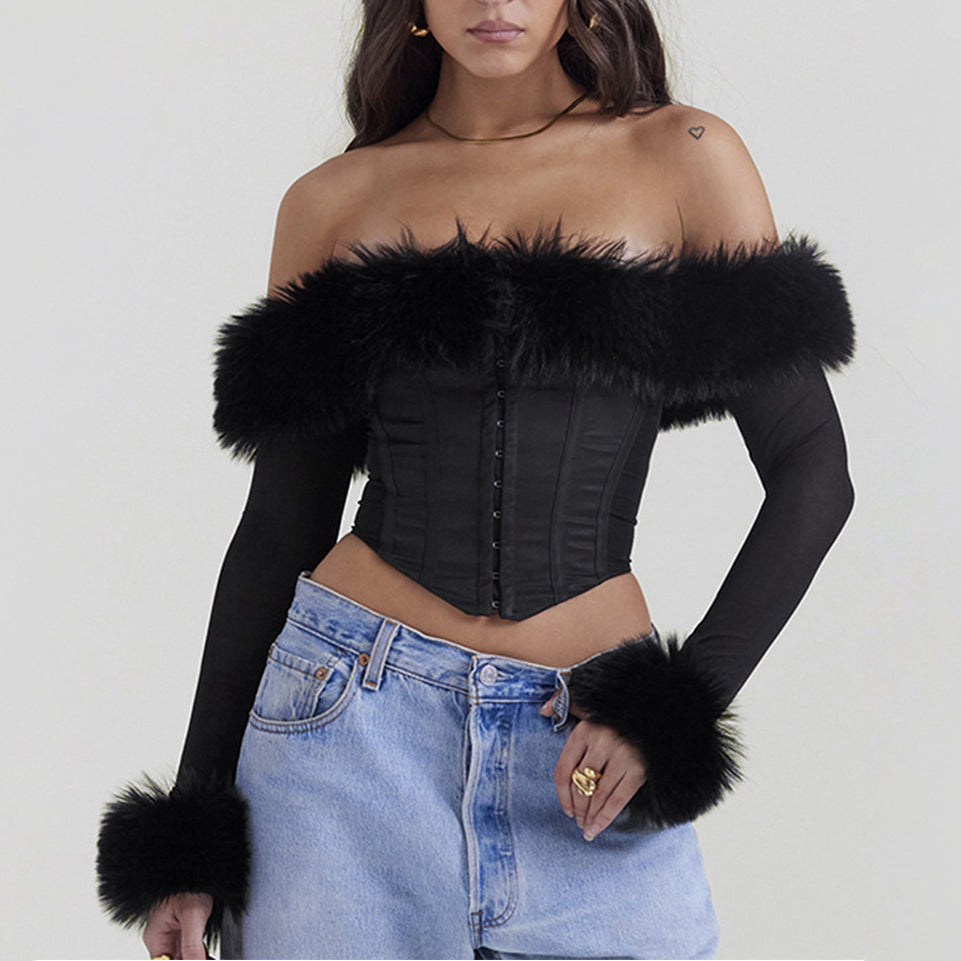 Autumn And Winter New Style Spice Girl Fashion Hair-Collar One-Line Shoulder Fishbone Long Sleeve Short Slim-Fit Top For Women