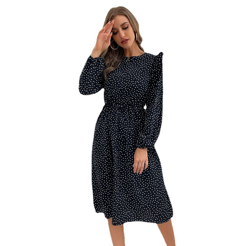 New Fashion Women's Flanged Polka Dot Long-Sleeved Dress Autumn And Winter