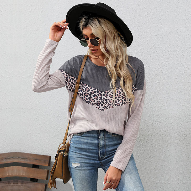 New Autumn Fashion Leopard Print Matching Color Sweater Long Sleeve Casual Blouse Women