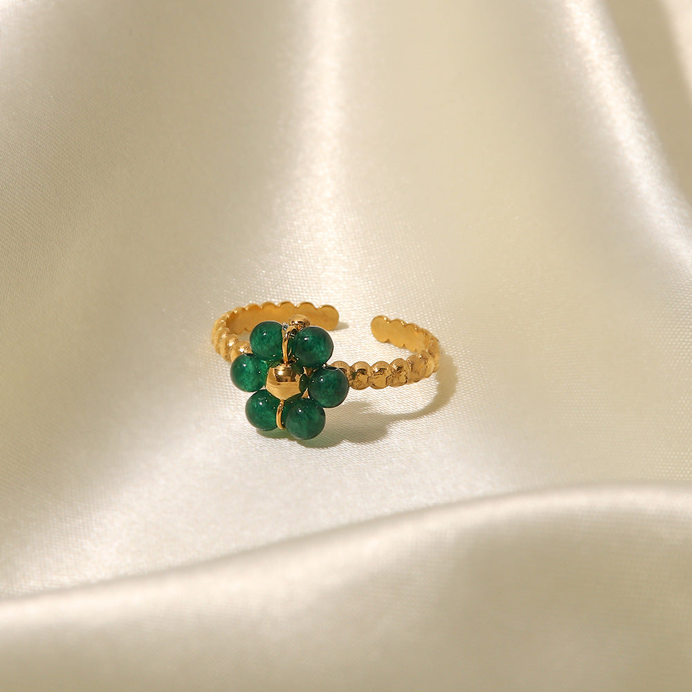 5pcs New Fashion Feminine All-Fit Titanium Steel Ring Green Natural Stone Sunflower Adjustable Ring