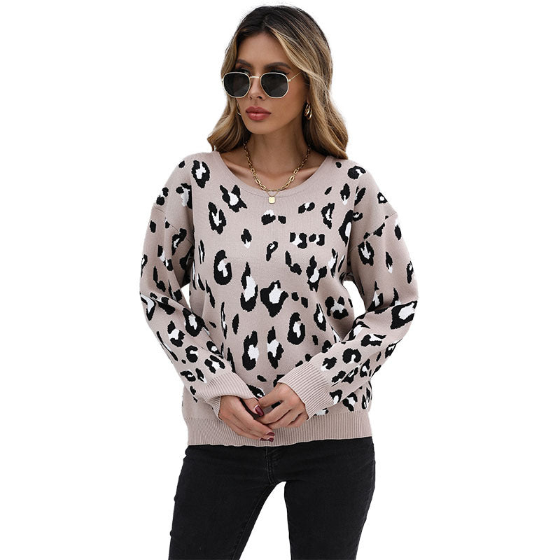 Women's Loose Leopard Print Long-Sleeved Sweater for Autumn and Winter Casual Fashion