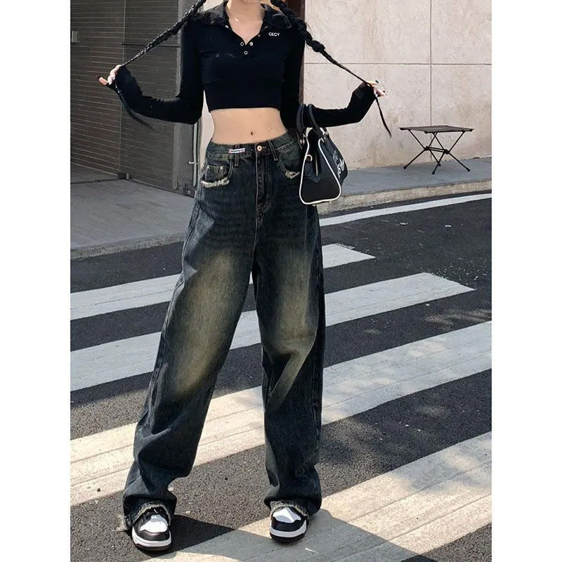 Retro Straight Leg Jeans Women's High Street High Waist Loose Slouchy Thin Mop Wide Leg Pants