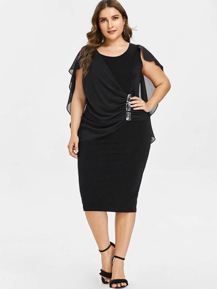 New Round Neck Short Sleeve Chiffon Shawl Tight Skirt Asymmetrical Over The Knee Large Size Dress Women