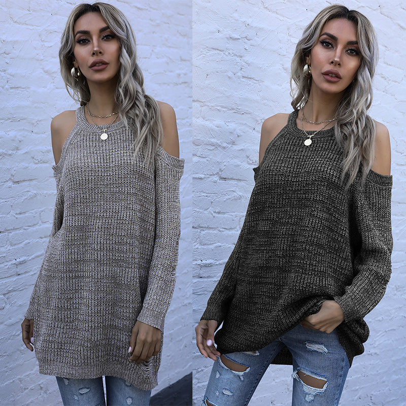 Autumn Slim Solid Color Crewneck Knitted Bottom Sweater Off-Shoulder Sweater Woman