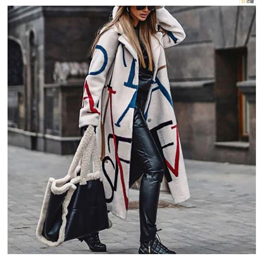 New Autumn Women's Long Sleeve Lapel Coat Printed Wool Long Coat