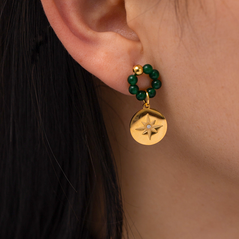 5pcs Style New 18K Gold Plated Retro Natural Stone Octet Star Pendant Earrings Fashion All Matching Earrings