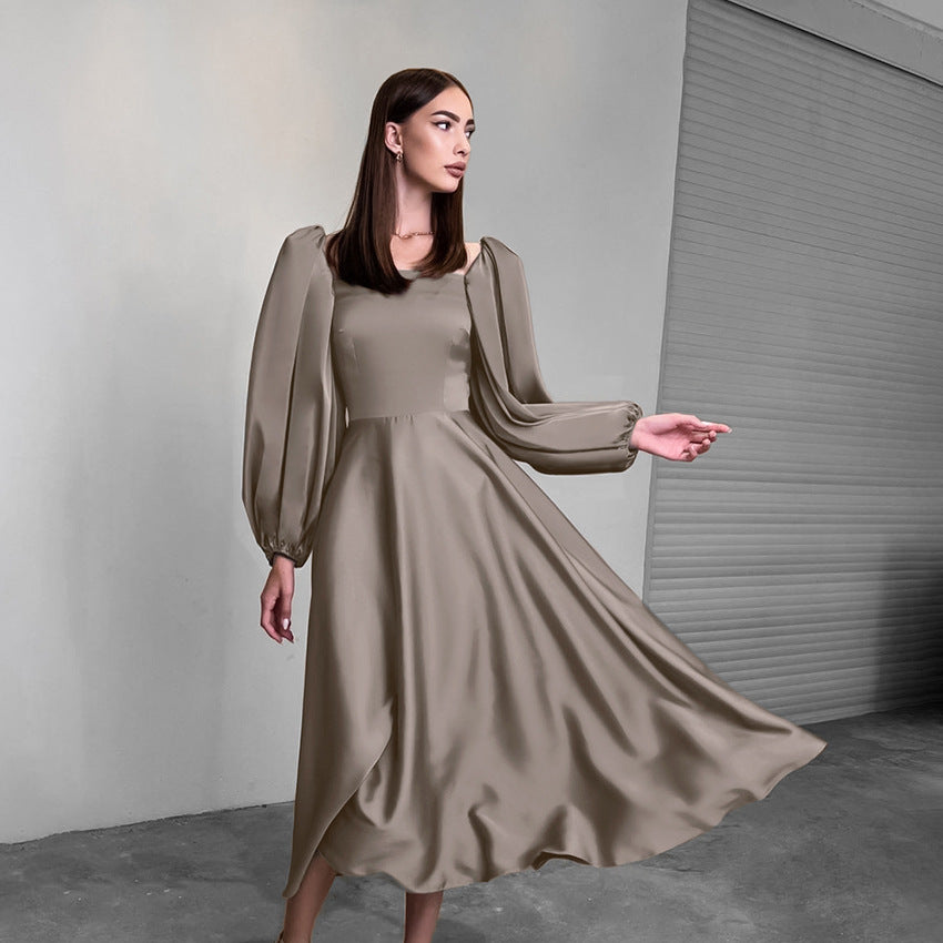 Spring Sexy Temperament Sense Party Evening Dress Fashion Color Satin Satin Square Neck Puffy Sleeve Dress