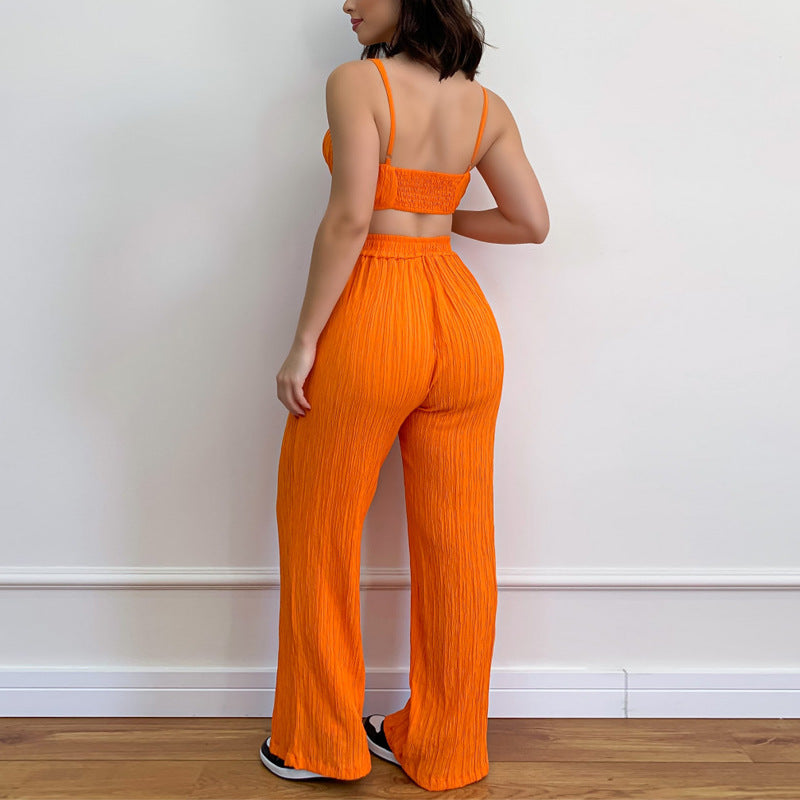 Summer Suit Women Solid Color Sleeveless Waist Sexy Pants Women's Two-Piece Set