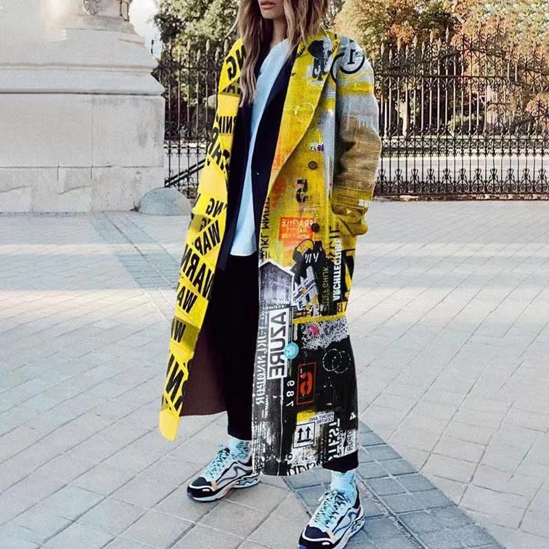 New Autumn Women's Long Sleeve Lapel Coat Printed Wool Long Coat