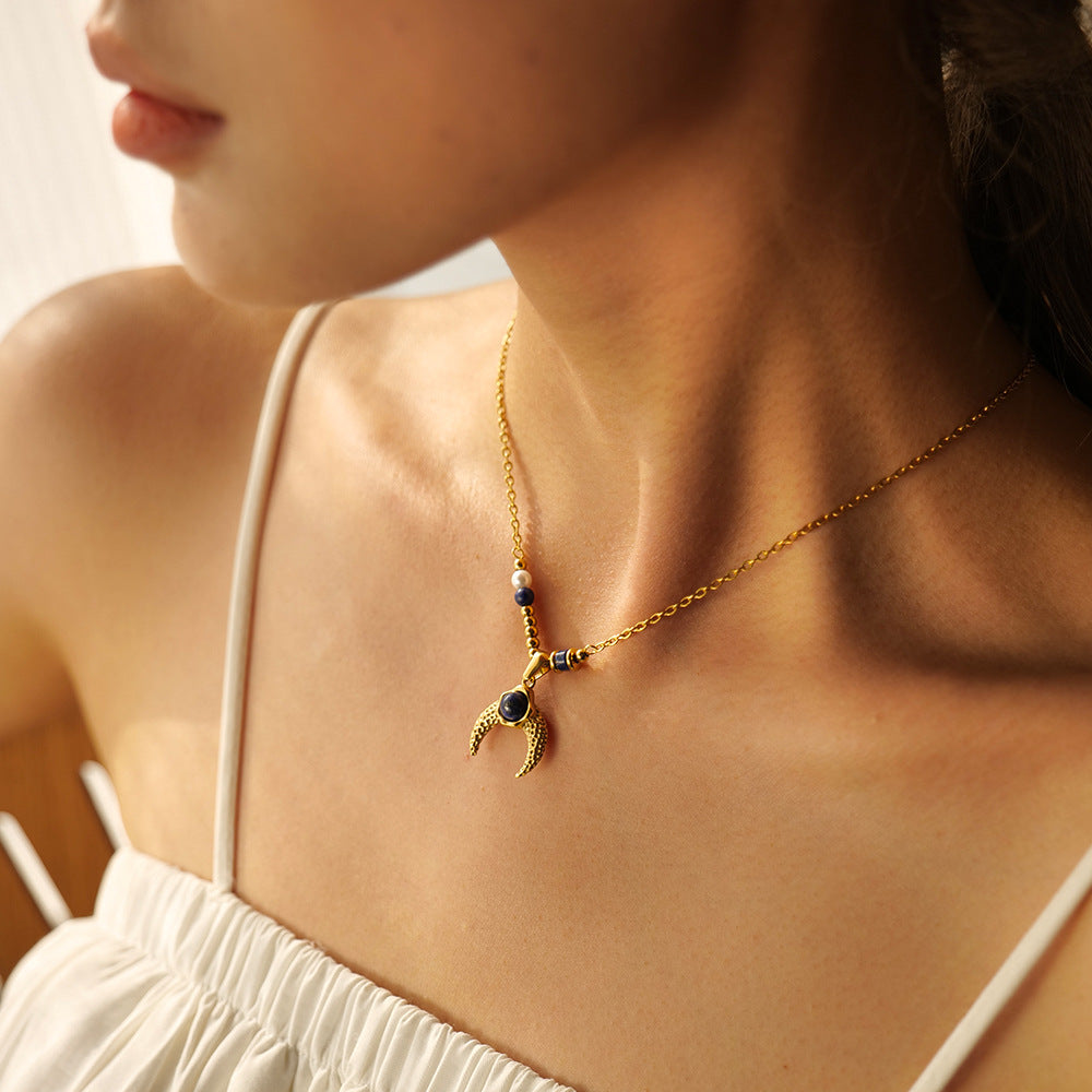 5pcs Fashion Popular 18K Stainless Steel Pearl Lapis Lazarus Horn Pendant Necklace Jewelry