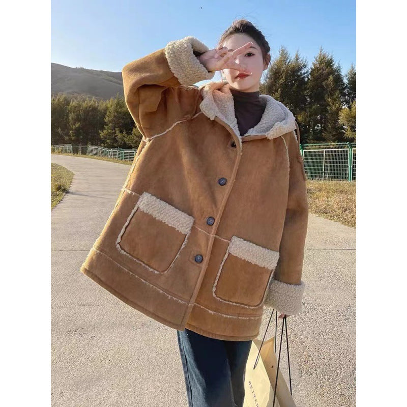Deerskin Cashmere Lamb Coat Women's New Winter Cashmere And Thick Fur One Hooded Motorcycle Cotton Coat