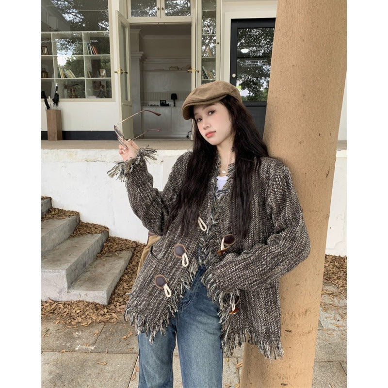 Vintage Crochet Button Furred Edge Fringe Design Feeling Lazy Loose Jacket Cardigan Coat Top