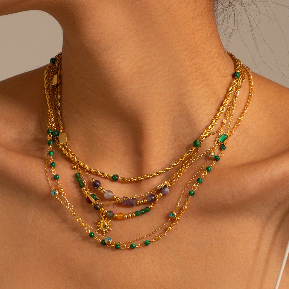 5pcs New Selling 18K Gold-Plated Stainless Steel Necklaces Inlaid With Turquoise Beads Necklace Women's Jewelry
