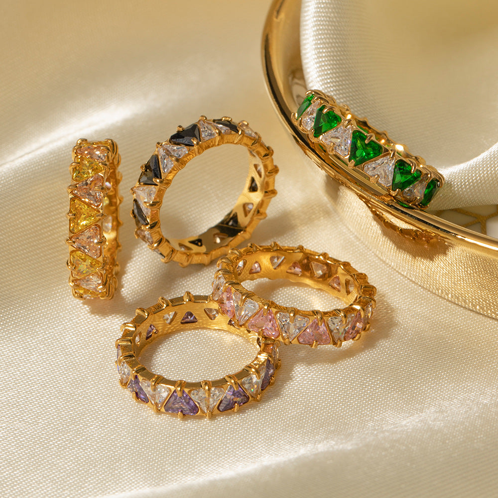 5pcs 18K Gold Stainless Steel Inset Triangular Zircon Ring Does Not Fade Niche Jewelry