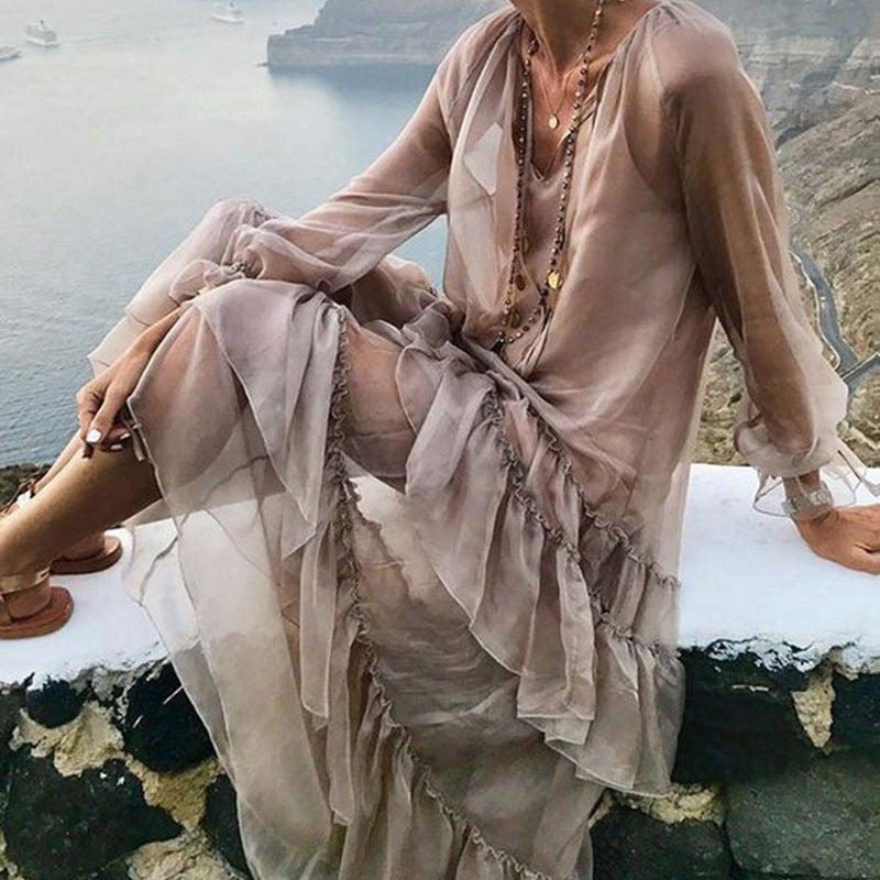 New Wooden Ear Edge Splicing Holiday Beach Long Skirt V-Neck Long Sleeve Dress Women With Suspenders