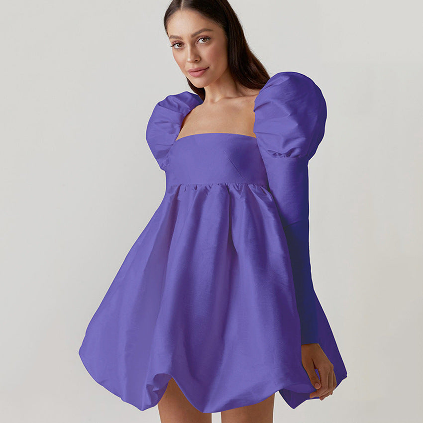 Autumn Puffed Sleeve Satin Color Ding Princess Dress Gown Long Sleeve Square Collar Court Style Dress Woman
