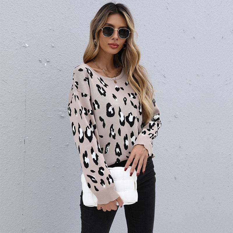 Women's Loose Leopard Print Long-Sleeved Sweater for Autumn and Winter Casual Fashion