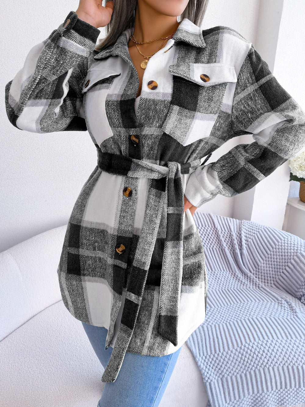 Color Contrast Checkered Long Sleeve Woolen Coat for Women Shacket
