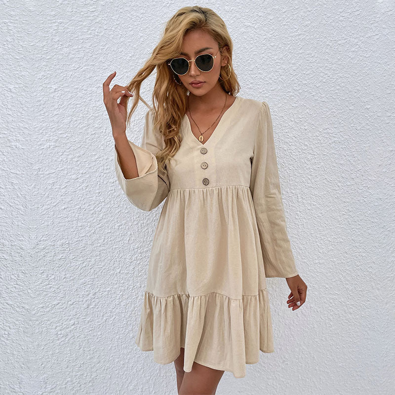 Cotton And Linen Women Loose Long-Sleeved Apricot Dress
