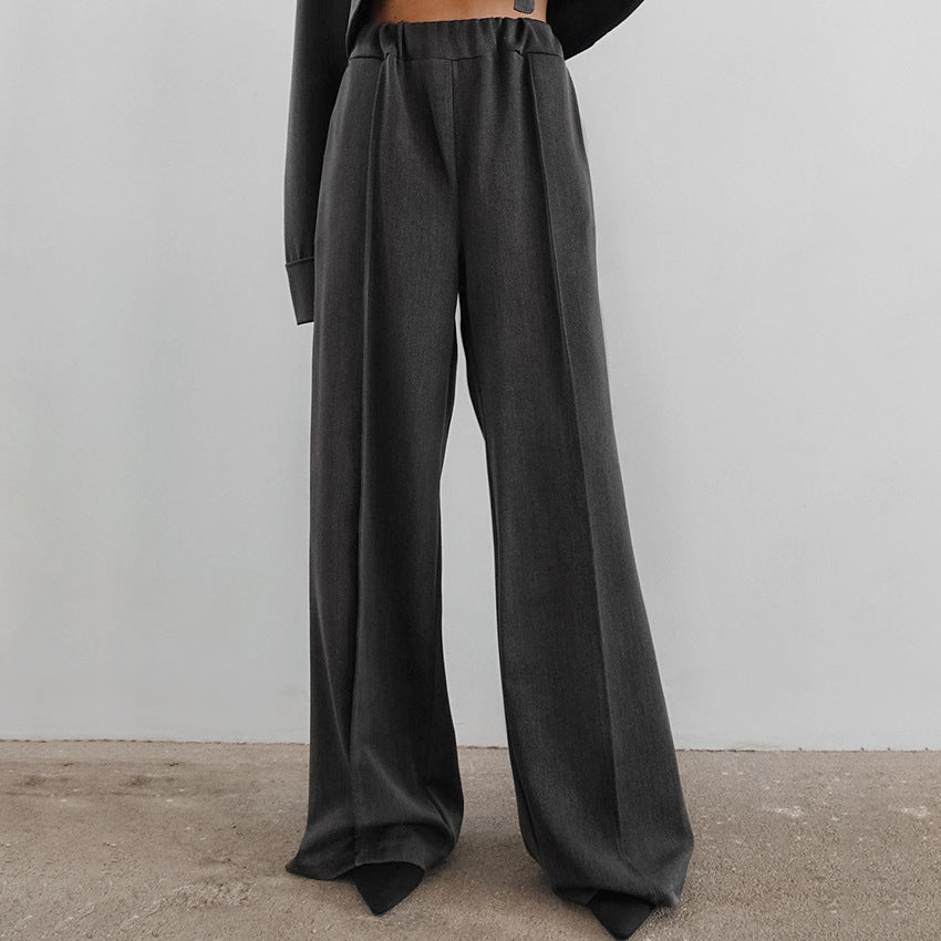 Retro Fashion Lapel Long Sleeve Crop Short Top High Waist Elastic Wide Leg Trousers Two-Piece Women's Set