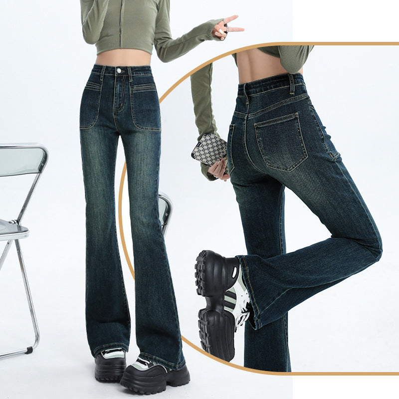 Vintage Micro-Flared Jeans For Women Autumn-Winter High-Waisted Slimming Stretch Spice Mop Horseshoe Pants