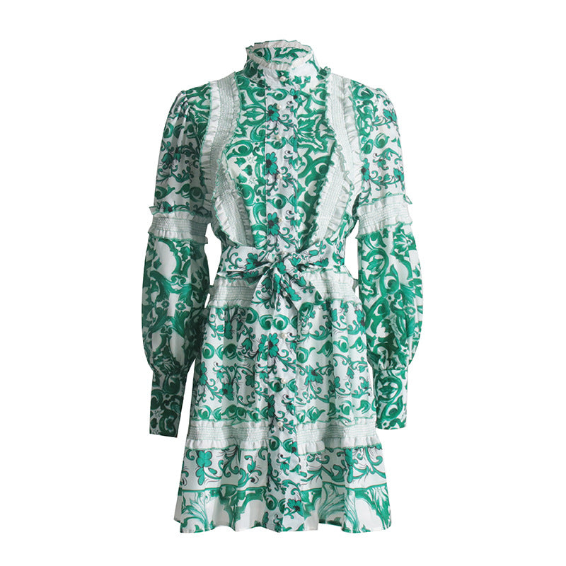 Spring New Style Of Temperament Stand Collar Lace Lacing Waist Slimming Lantern Sleeve Long Sleeve Dress Short Skirt Woman