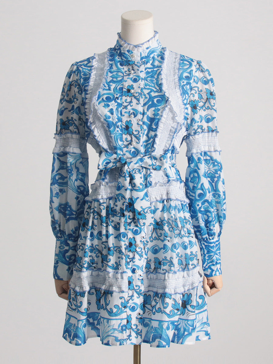 Spring New Style Of Temperament Stand Collar Lace Lacing Waist Slimming Lantern Sleeve Long Sleeve Dress Short Skirt Woman