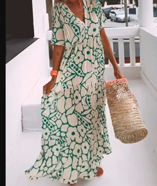 Dress Summer New Women Printed Short-Sleeved V-Neck Dress