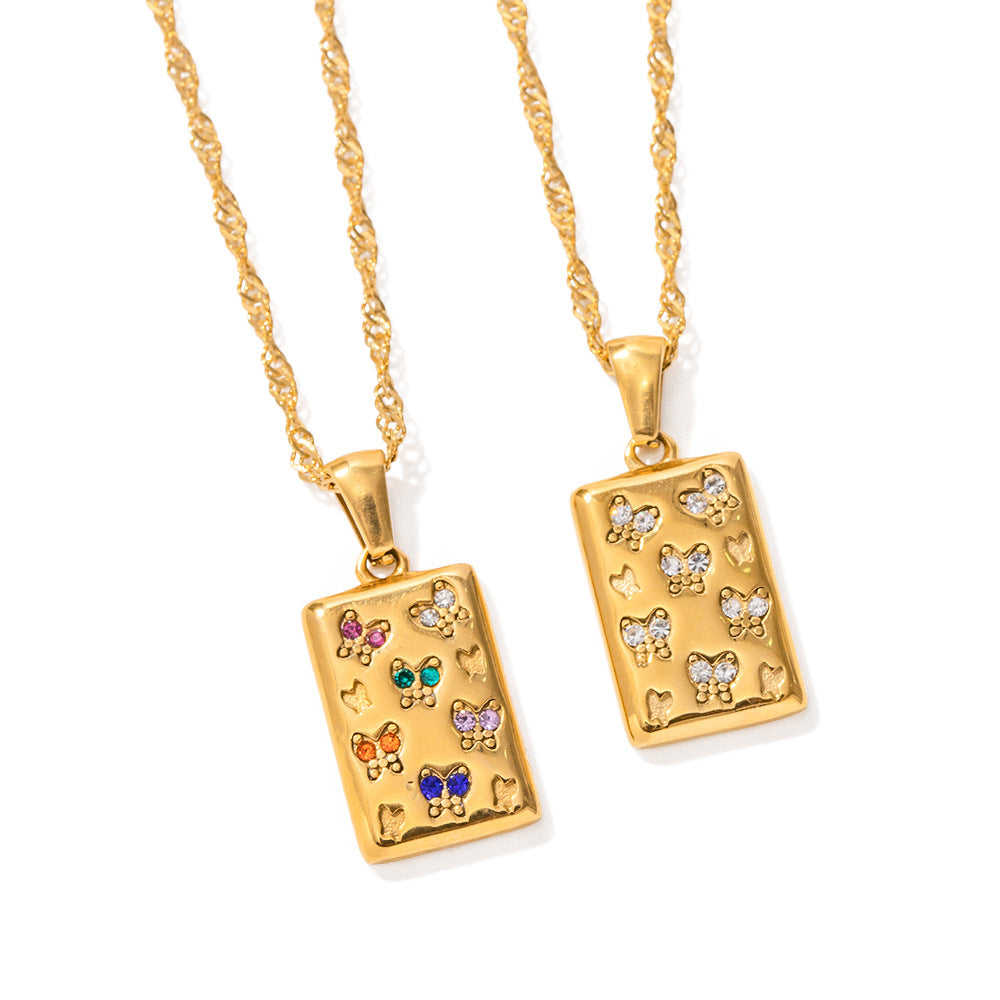 5pcs 18K Gold Stainless Steel Necklace Vintage Collar Fashion Style Square Butterfly Pendant Necklace With White Diamond