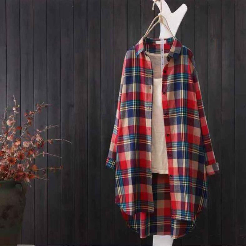 Cotton Mid-Length Plaid Long-Sleeved Shirt Female Loose-Fit Casual Shirt Cardigan Coat