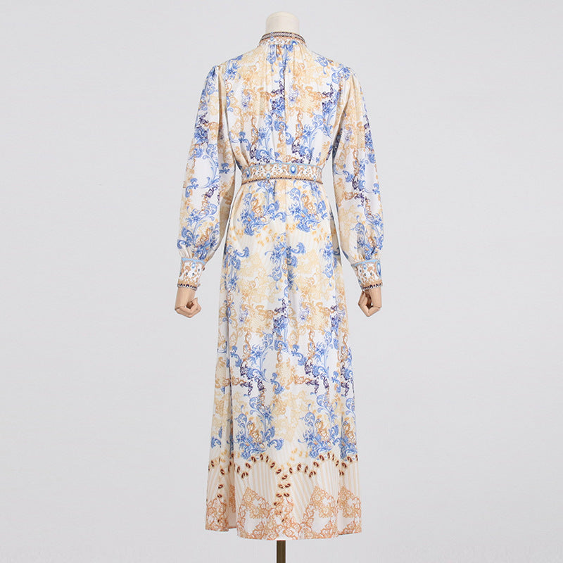 Spring New Stand Collar High Waist Vintage Printed Waist Long Sleeve Women's Large Version Of Vintage Dress