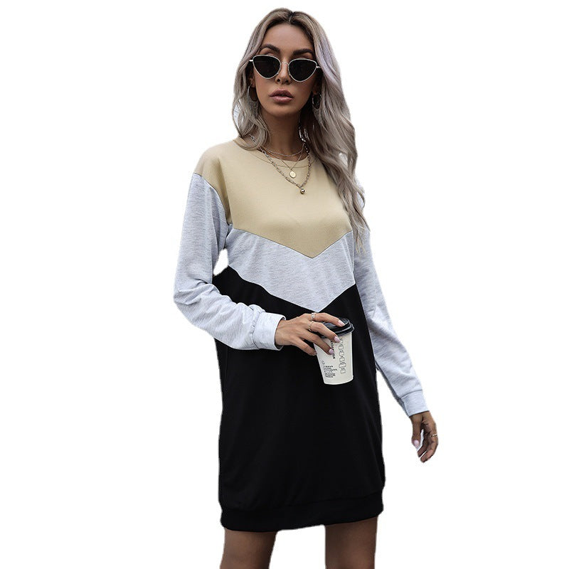 New Contrast Color Loose Round Neck Skirt Autumn Long Sleeve Splicing Dress Women