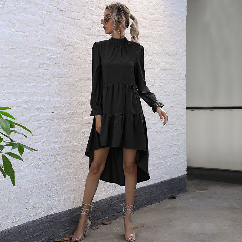 Selling Fashion Women's Solid Color Long-Sleeved Irregular Semi-High-Neck Dress